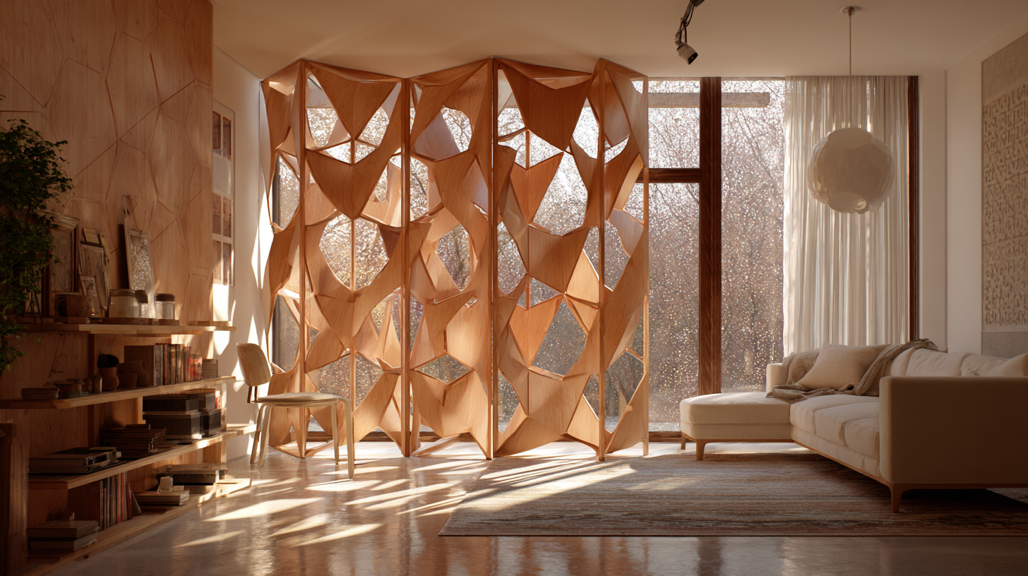 Wohnzimmer mit halbgeöffneter Origami-Klappwand aus Kirschholz, Lichtspiele auf dem Boden