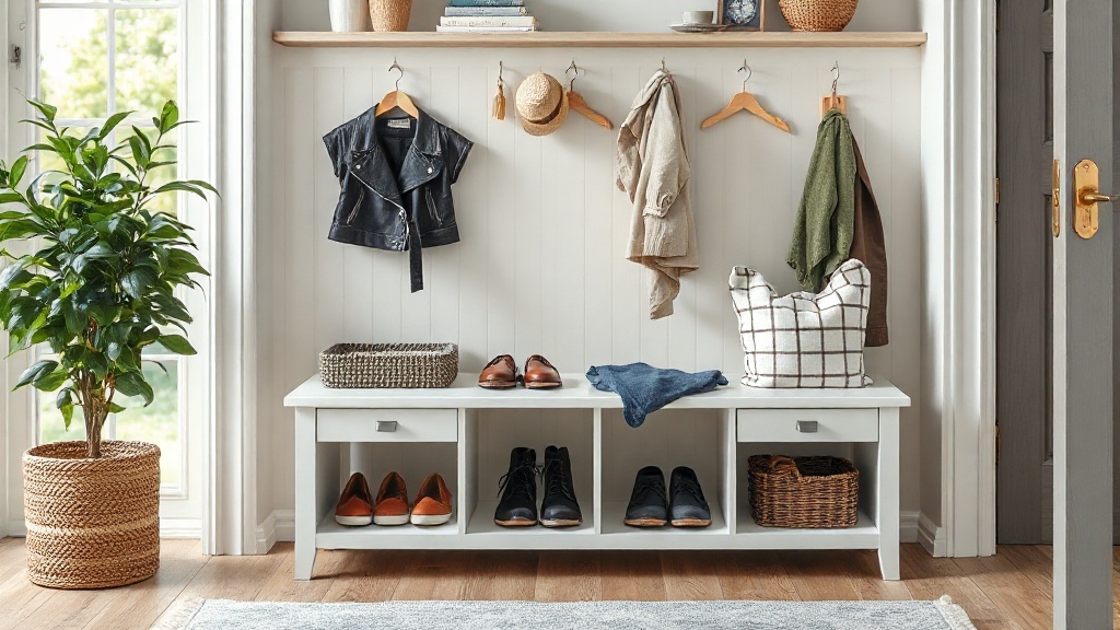 Sitzbank mit Stauraum im Flur als Teil der Garderobe